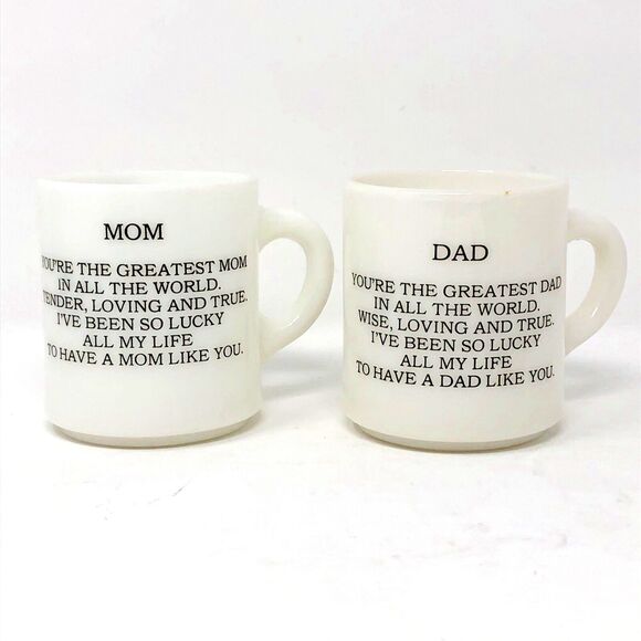 Vintage Milk Glass Mugs Greatest Mom and Dad Double Sided Stackable 8 oz Pair - Picture 2 of 10